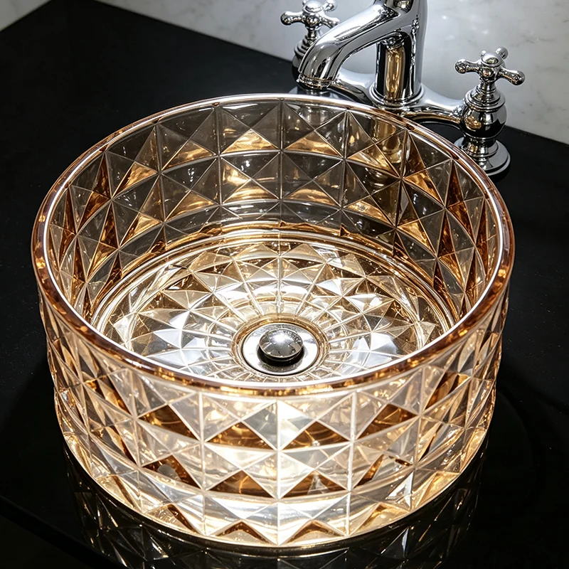 Amber-Colored Glass Countertop Basin, with a Simple and Elegant Round Shape, the Light Passing through the Basin Creates Dynamic Reflections, Creating a Rich Atmosphere. the Three-Dimensional Diamond Pattern Design Adds More Layers of Light and Shadow, Making It an Ideal Choice for Modern Bathroom Fixtures, Suitable for Dressing Rooms, Vanity Tables, and Home Bathroom Sinks, and Can Be Matched with Various Decor Styles (Accessories Not Included)
