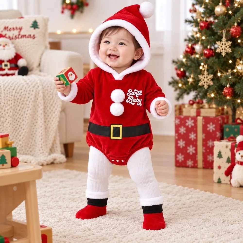 Cute Velvet Santa Claus Costume with Socks Set Hooded Design Baby Jumpsuit Outfit Long Sleeve Hooded Rompers Costume For Boys