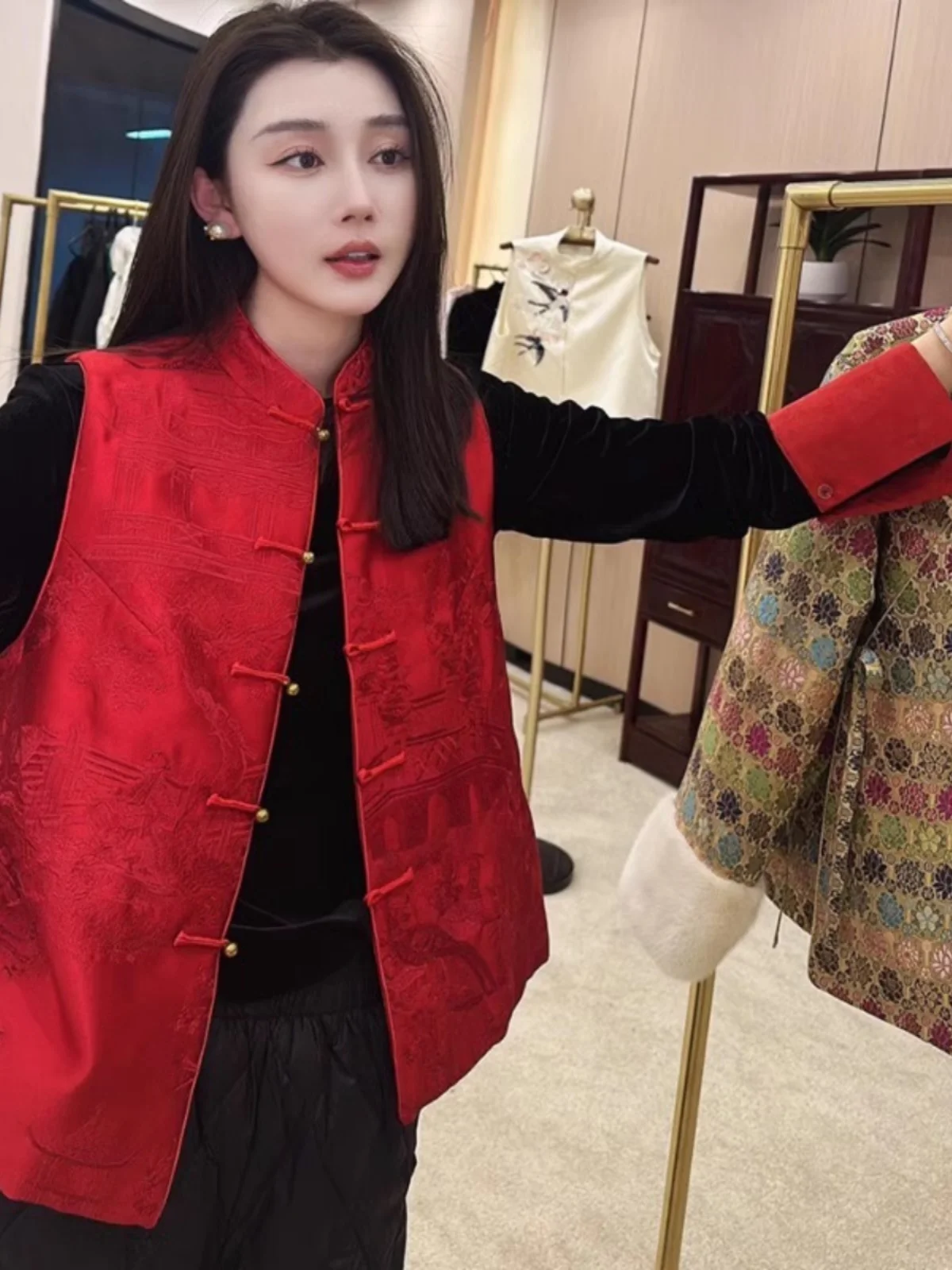 

Red Chinese Sle Tang Suit Vest Women's Spring Autumn High End National Sle Embroidered Button oulder Pad Outerwear Top