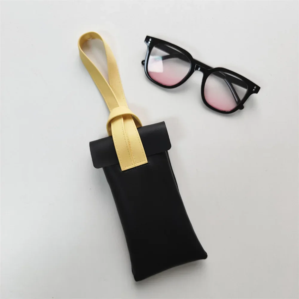 New Trendy Glasses Case with Wristband Color-Block Sunglasses Case PU Leather Portable Reading Glasses Storage Pouch Women