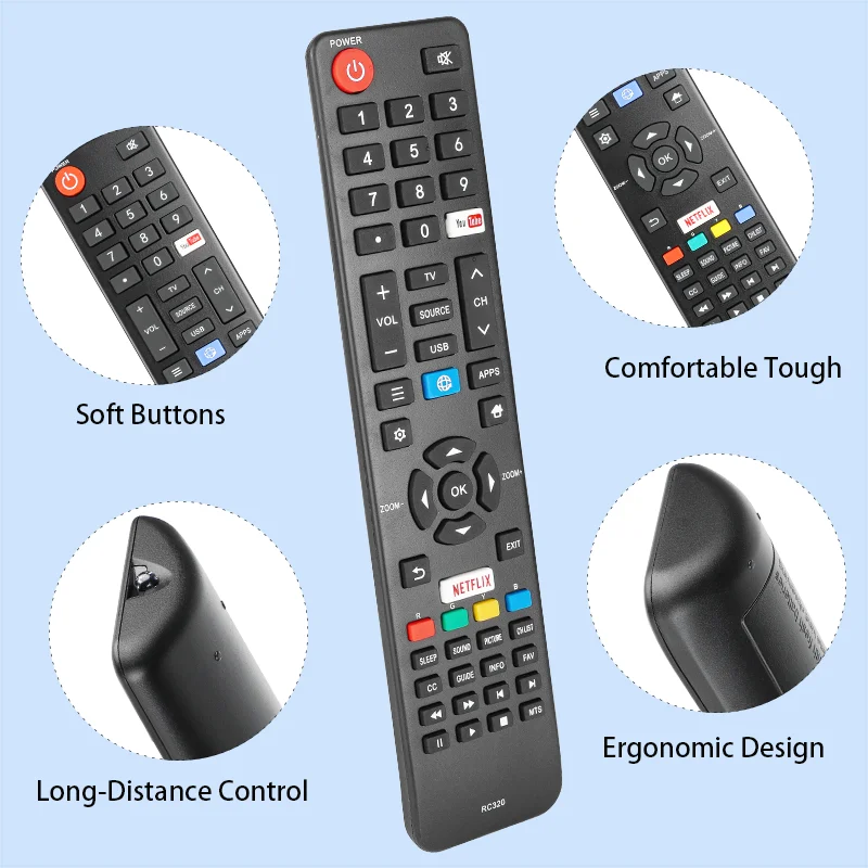 Control Remoto RC320 Compatible con Fanco Atvio Smart TV, Control de Repuesto con Botones de Netflix y YouTube