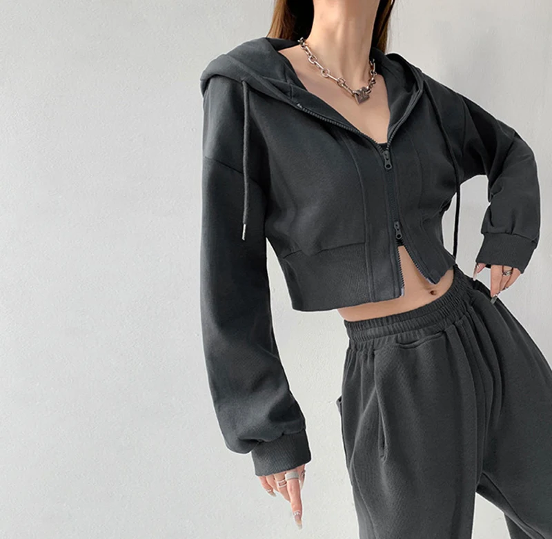 Women Cropped Hoodie Two Way Zipper Jacket Drawstring Hem Sweatshirt Slim Fit Long Sleeve Grey Athletic Yoga Gym Running Top
