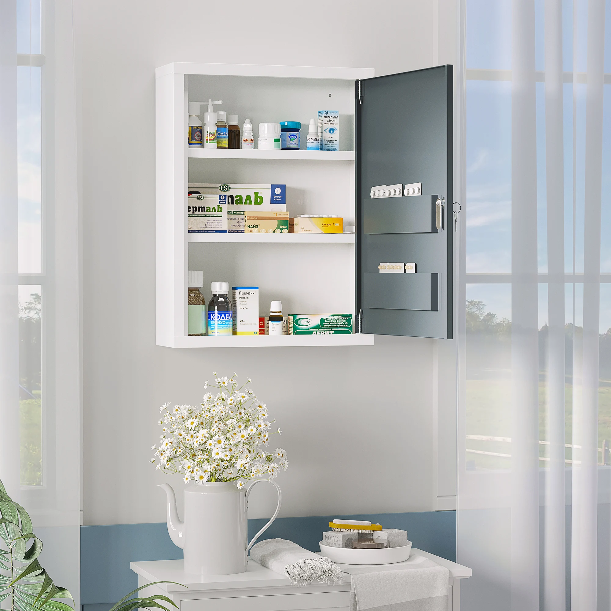Bathroom Medicine Cabinet with Shelves Inside & On Door, Locking Medical Cabinet for Child & Pet Safety, First Aid Bathroom