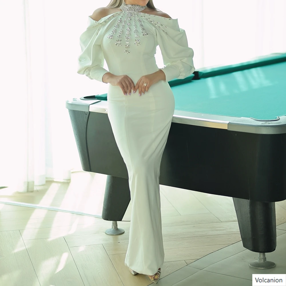 

Customized Straight Evening Dresses Ankle-length High-neck Full Sleeve Prom Gown Simple Fsahion Crystal Exquisite Party Gown