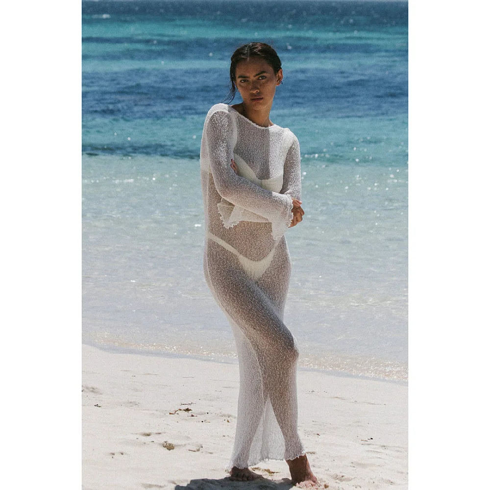 2024 Summer Transparent Sexy Holiday Cover Ups for Swimwear Women Solid Color Long Sleeve Knitted Long Beach Dress Women