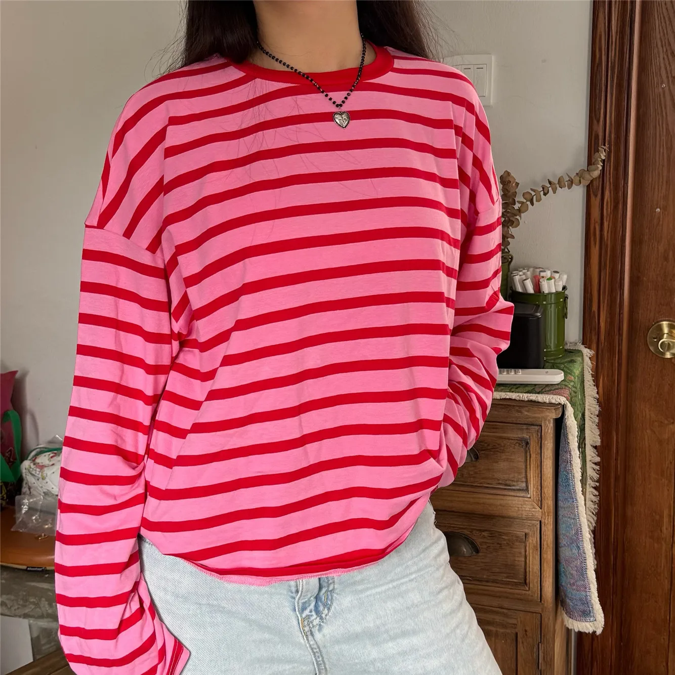 تي شيرت نسائي فضفاض أساسي بأكمام طويلة ورقبة مستديرة وخطوط مطبوعة تي شيرت بلوزات ربيع الخريف Y2K ملابس خروج عتيقة #5