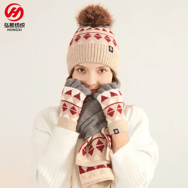 Japanese Knit Set - Winter Hat, Scarf & Gloves with Pompom, Warm Thickened Yarn for Women