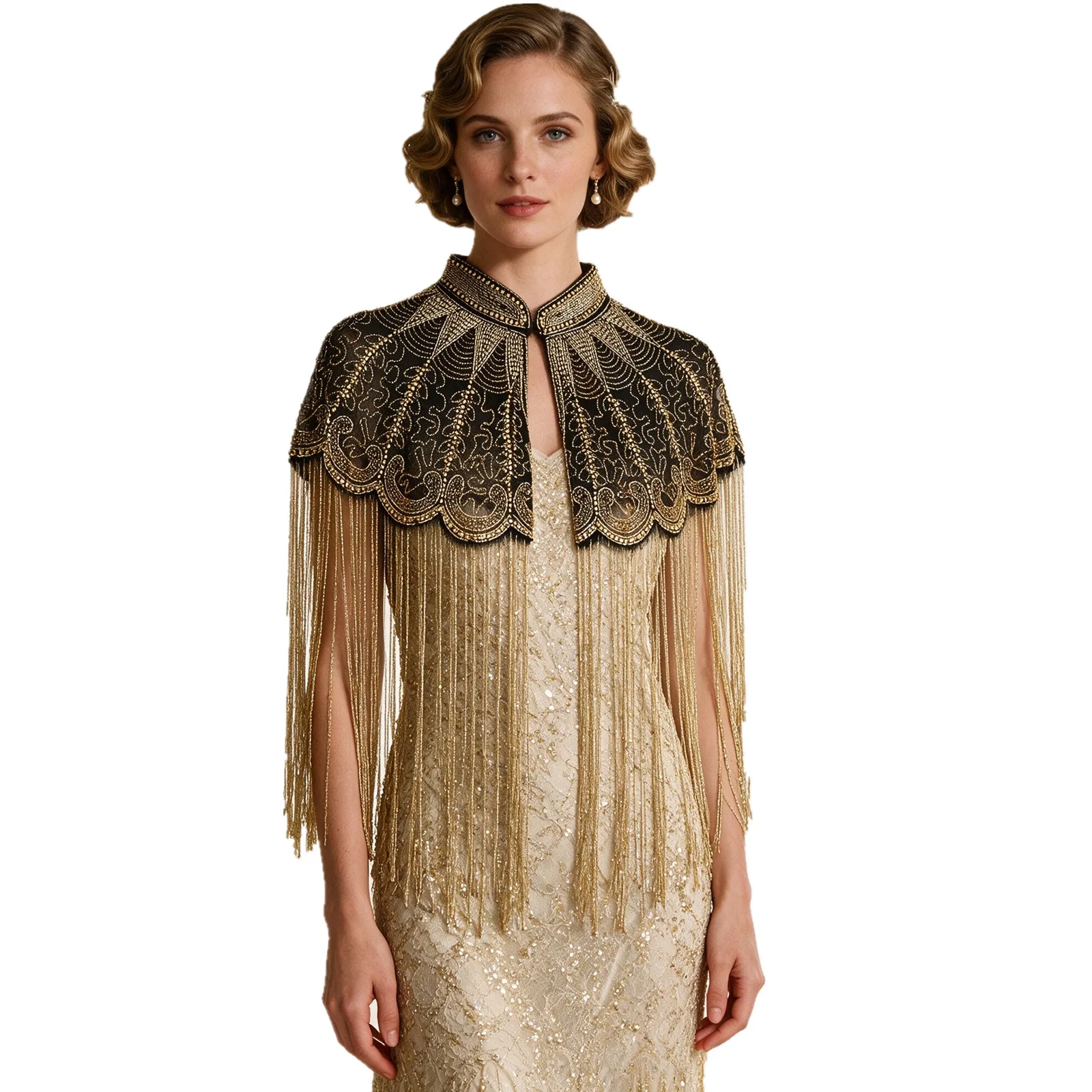 Women 1920s Flapper Dresses Shawl Vintage Long Fringed Sequin Beaded Evening Cape Wraps for Wedding Party Halloween Carnival