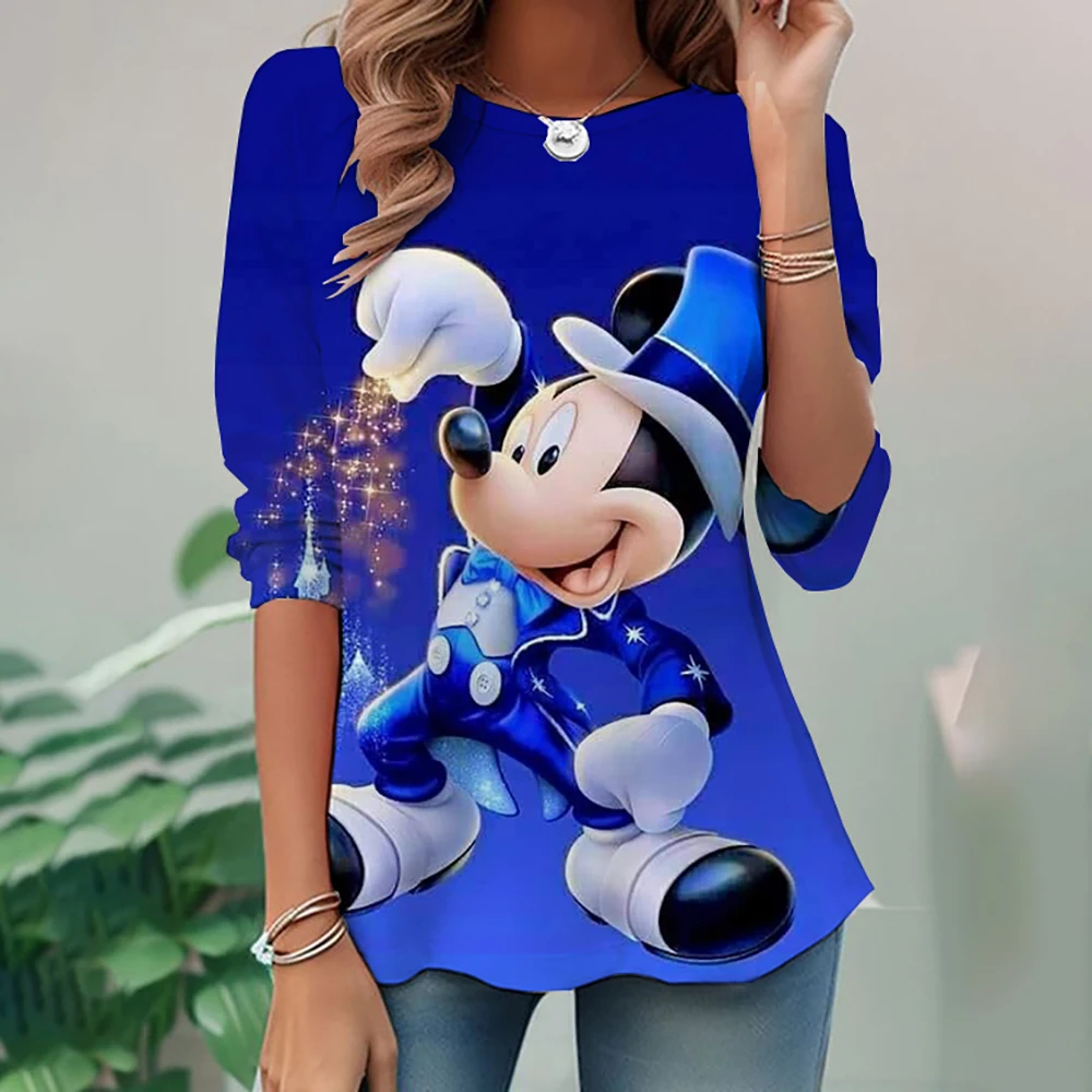 Oversized round neck loose casual pocket T-shirt for women, long sleeved Disney Mickey Mouse printed pullover for women, fashion