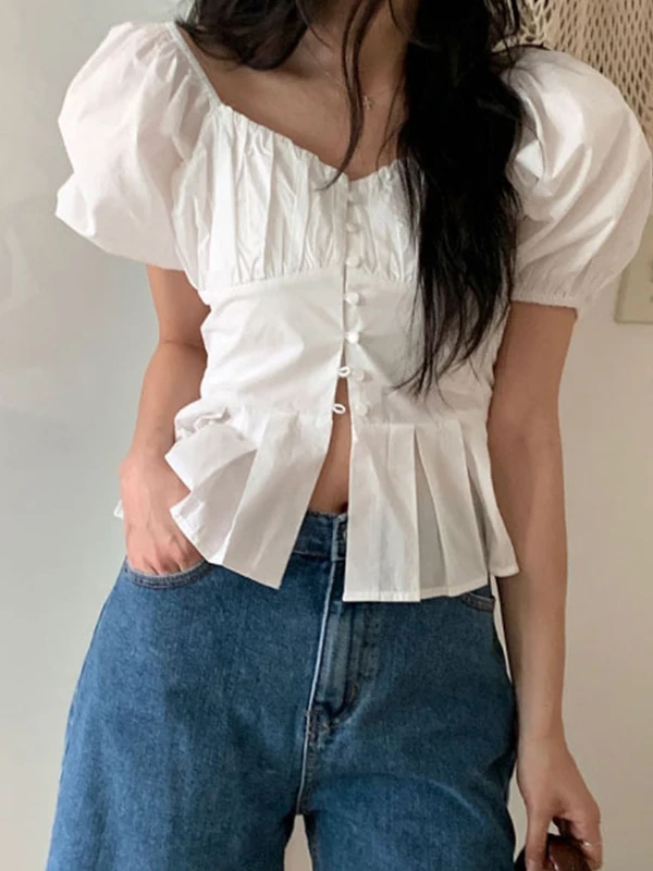 

ort Sve Chic Bubble Sve irt Women's Summer 2025 New Sle Square Collar Slim Fit Top Korean Version Faionable Blouse