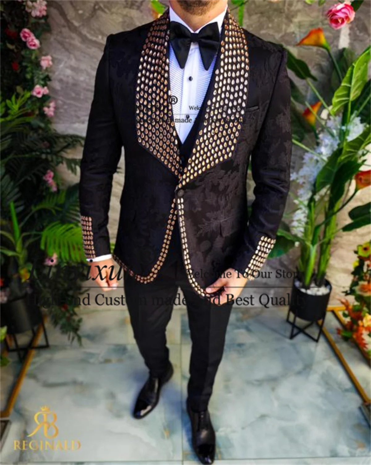 Formal Jacquard Men Suit Luxury Beaded Crystals Wedding Groom Tuxedo 3 Pieces Sets Male Prom Blazers Customized Costume Homme