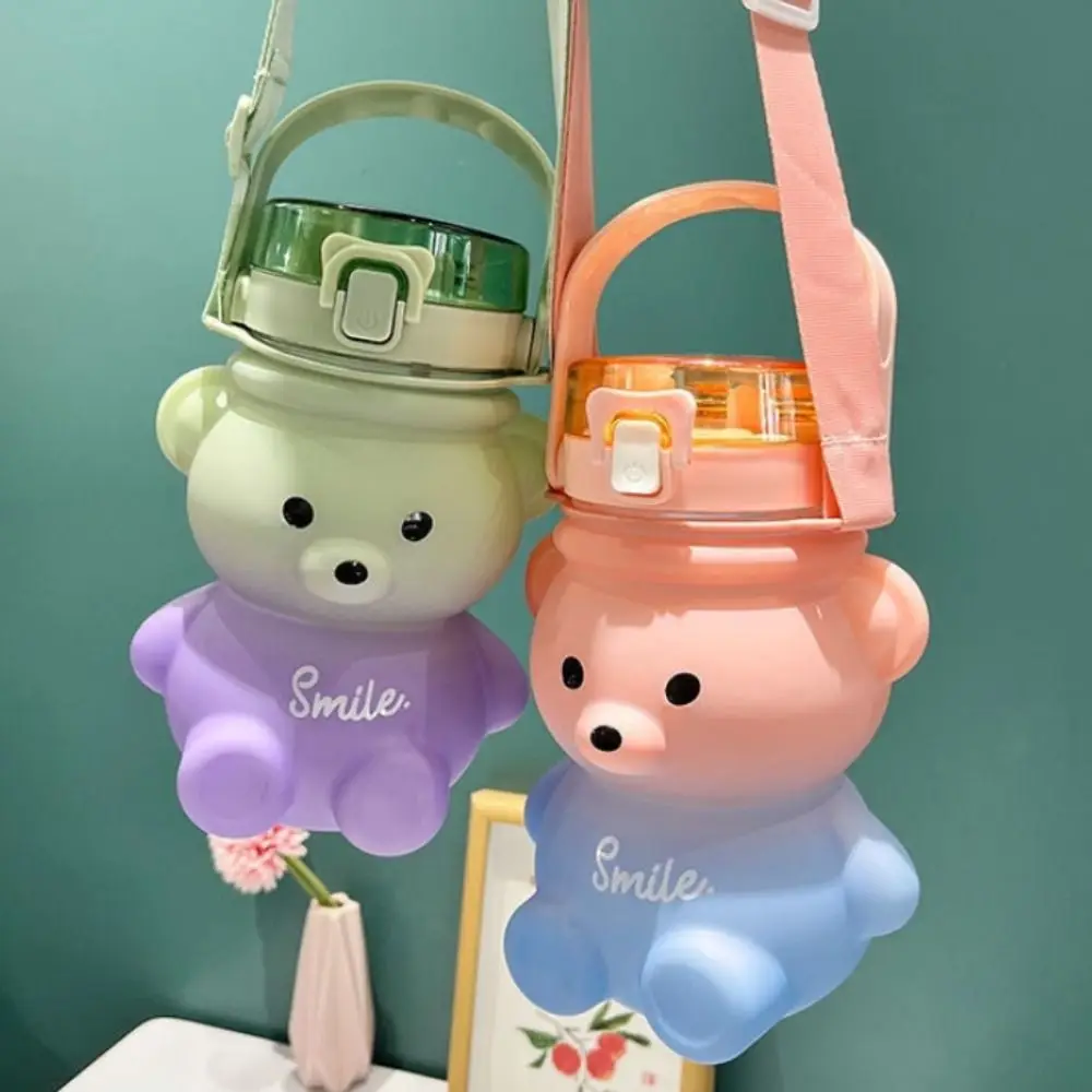 

Straw & Direct Drinking Little Bear Sports Water Bottle Gradient Color Large Capacity Bear Colorful Plastic Cup Leak Proof