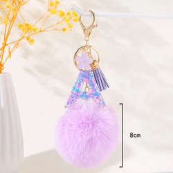 purple Flower Alphabet Letter Keychain with Plush Pompom Resin  sequin Initial Keyring  Key Chain Women individuality Accessory