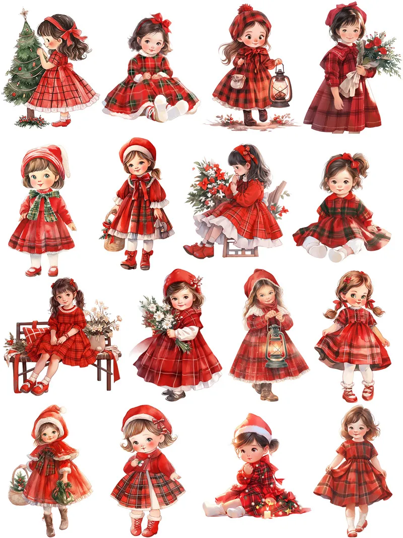 16Pcs/Pack Red Dress Little Girl Sticker DIY Craft Scrapbooking Album Junk Journal Decorative Stickers