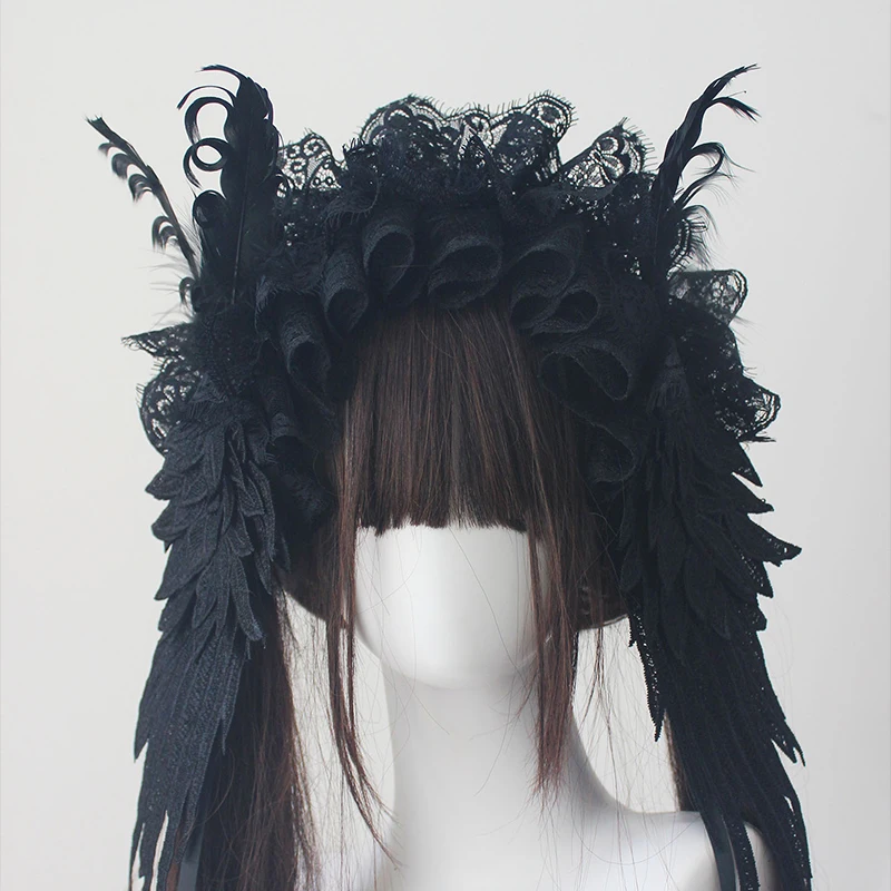 Dolce ed elegante fatto a mano Lolita Accessori per capelli Ali Patchwork di pizzo Fiocco con lacci Fascia per capelli Donna JK Anime Cameriera Cosplay Copricapi