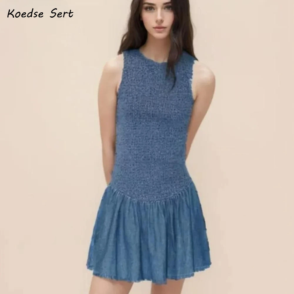 2025 Sexy Blauwe Lage Taille Geplooide Zoom Mouwloze Denim Jurk Vrouwen O Hals Ruches A-lijn Korte Tank Jurken Zomer gewaad Vestidos