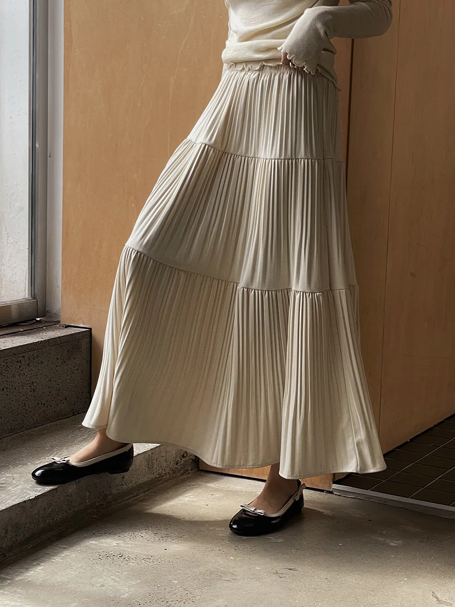 À la mode taille haute a-ligne gâteau jupe demi-jupe femmes automne nouvelle collection plissée mi-longue jupe plissée jupe