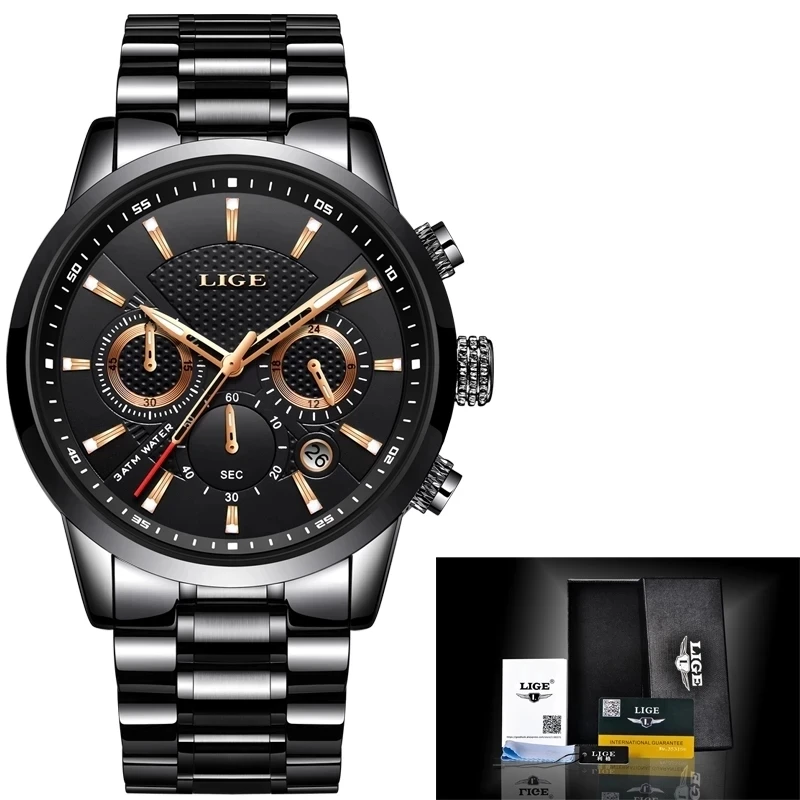 LIGE-reloj analógico de acero inoxidable para hombre, accesorio de pulsera de cuarzo resistente al agua con cronógrafo, complemento Masculino deportivo de marca de lujo con esfera luminosa