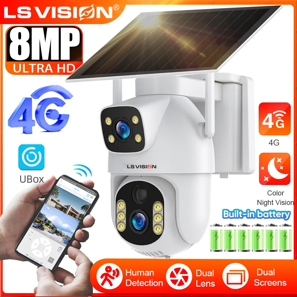LS VISION 8MP 4G SIM Telecamera solare Doppia lente Telecamere di sicurezza esterne CCTV PIR Rilevazione umana Visione notturna Monitoraggio automatico Ubox