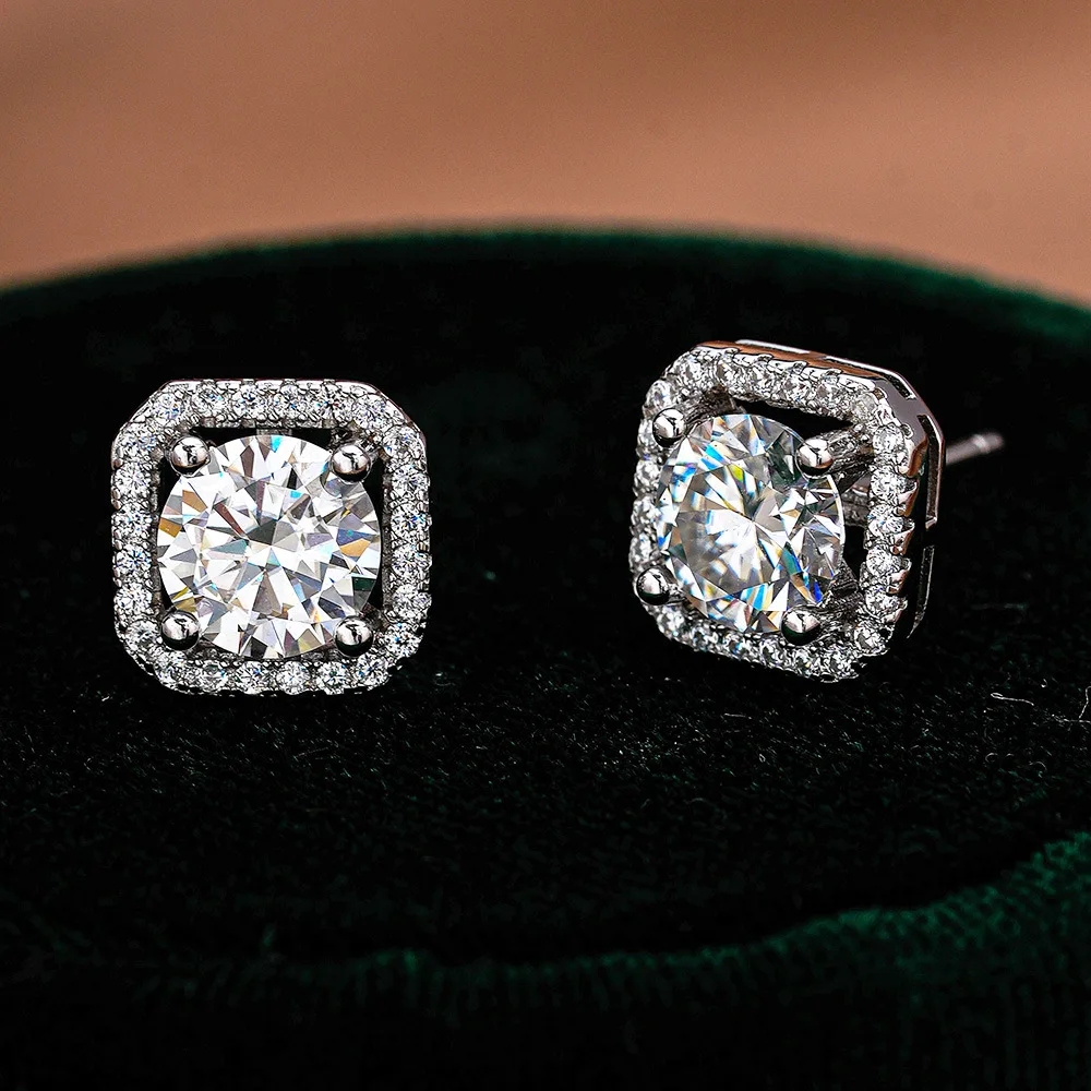 Dazzling 18K white gold and platinum PT950 moissanite earrings luxury square package moissanite silver earrings