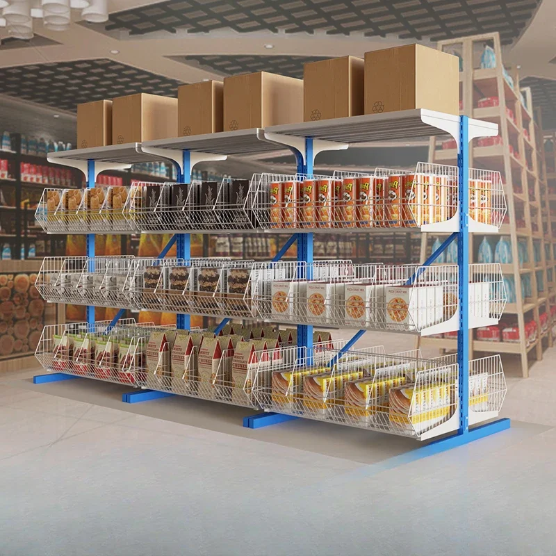 Supermarket shelves, store snacks display , thickened double-sided shelves, multi-layer commercial floor-to-ceiling net racks