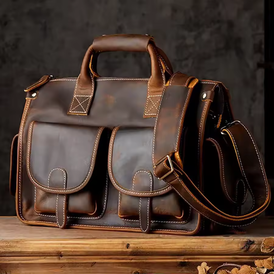 NASVA Men's Vintage Genuine Leather Briefcase Crossbody Bag Laptop Crossbody Bag Crazy Horse Leather Bag Handbag