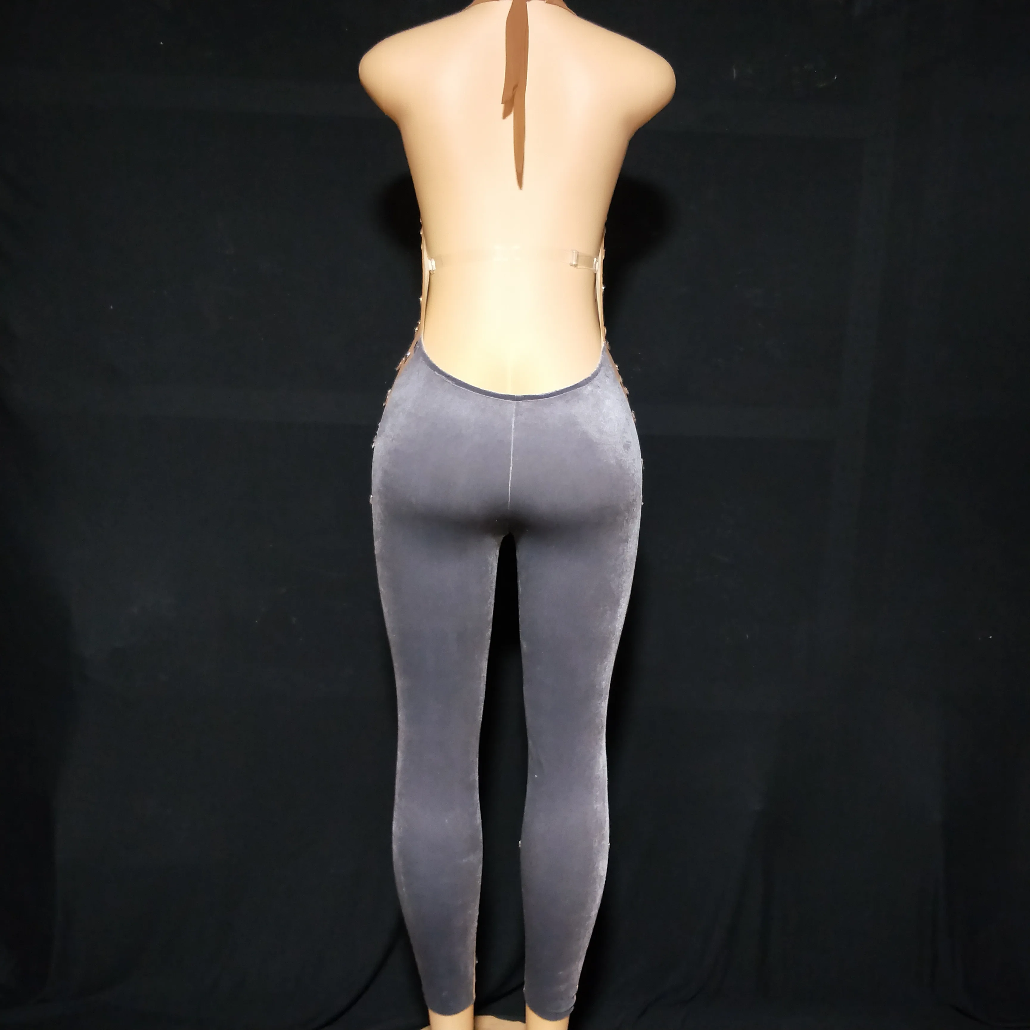 Seksowny kombinezon z dużymi kamieniami taniec aksamitna siateczka przezroczyste pajacyki body do klubu nocnego kostium urodziny bal pokaz body bez rękawów