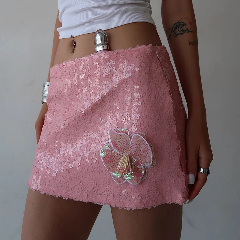 

Sequin Shine Mini Skirt 3D Flower Trim High Waist Pencil Skirt Sexy Club Party Streetwear Women Coquette Glitter Sparkle Skirt