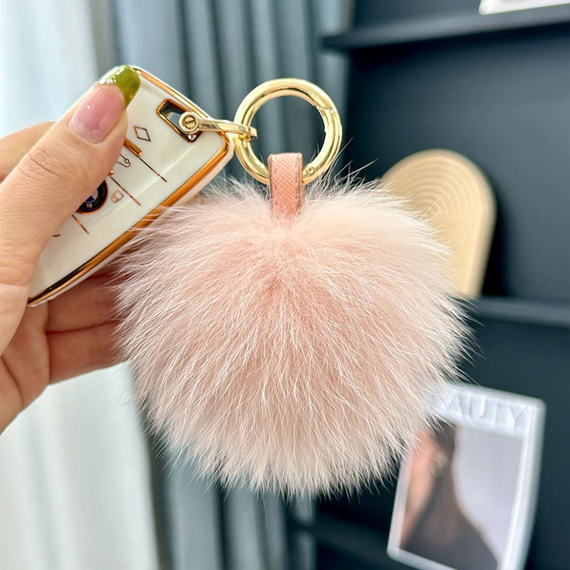 MPPM 11cm Fluffy Real Fox Fur Pompoms Keychain for Women Luxury Pompom Keyring Accessories Fur Bag Charm Jewelry Gifts