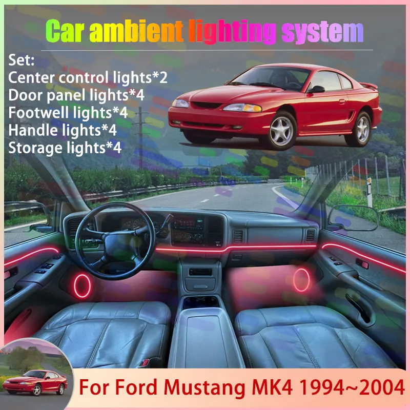

Для Ford Mustang New Edge MK4 1994 ~ 2004 1995 1996 2/18 в 1, автомобильная атмосферная лампа, RGB абажур, ансамбль, стример, атмосферный набор
