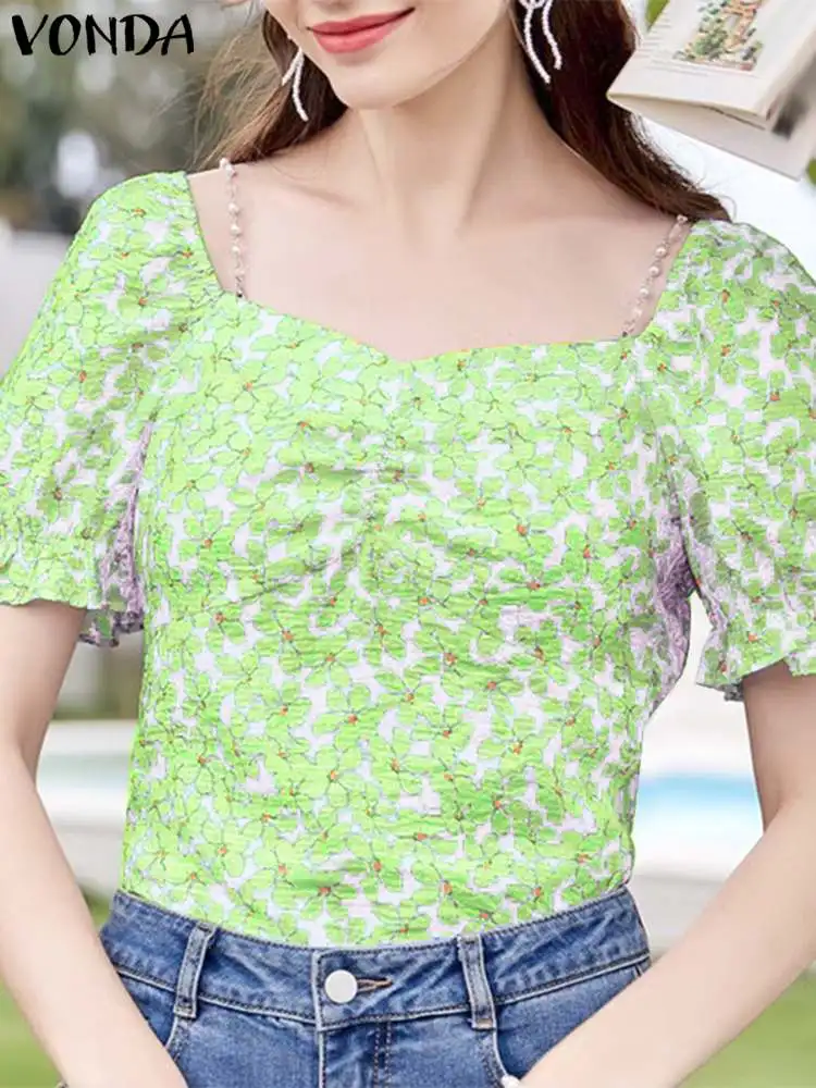 VONDA 2024 Summer Blouse Fashion Shirts Women Floral Printed Sexy Square Neck Short Sleeve Elegant Ruffled Tops Casual Blusas