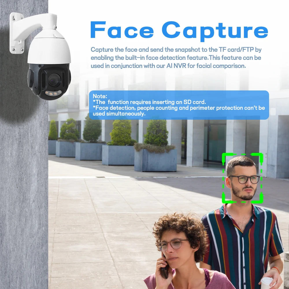 IP66 Outdoor Tweerichtingsgesprek Rood Blauw Sirene Gezichtsdetectie 18X Optische Full Color Auto Tracking PoE PTZ IP Camera