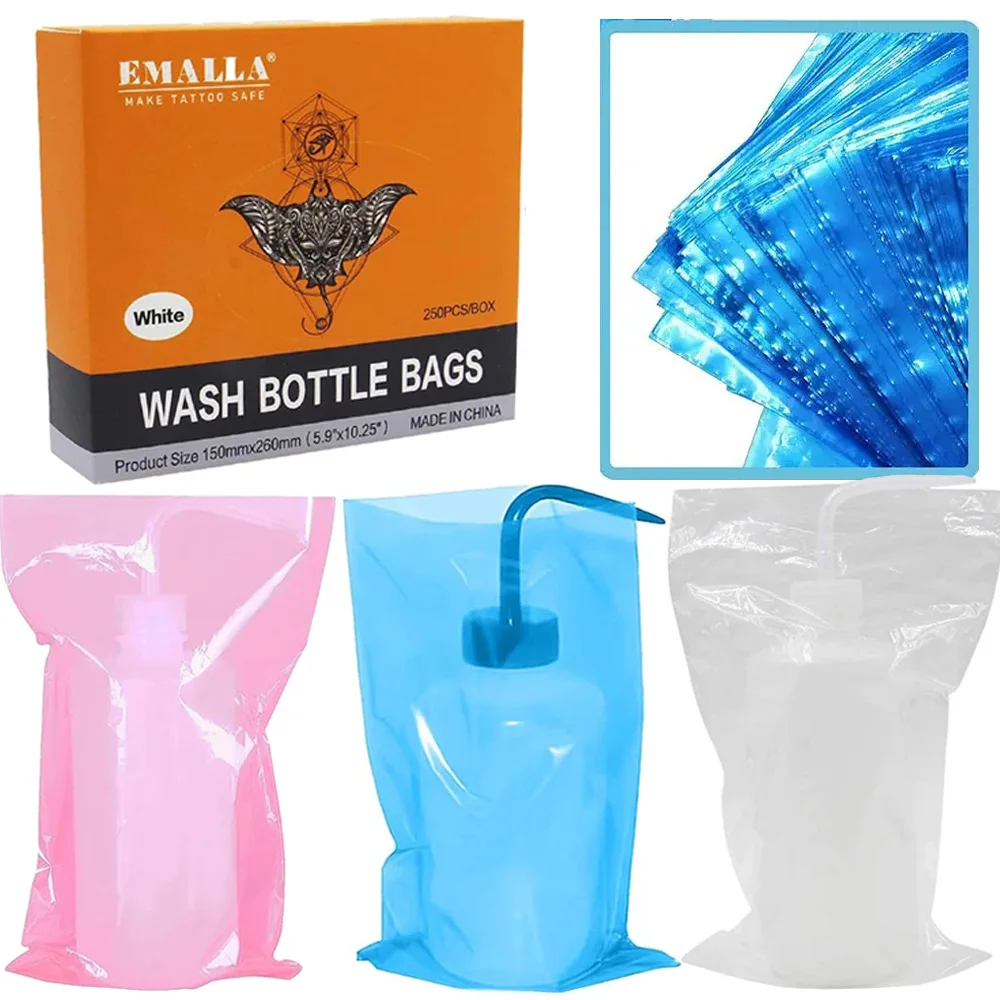 250PCS Disposable Tattoo Wash Bottle Bags Tattoo Squeeze Bottle Cover Sleeves Plastic Wash Bottle Barrier Tattoo Cleaner Supply