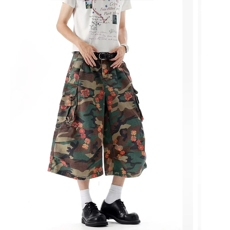 American High Street Creative Floral Print Camouflage Loose Fit Men's Shorts with Large Pockets Trendy Seven-Quar