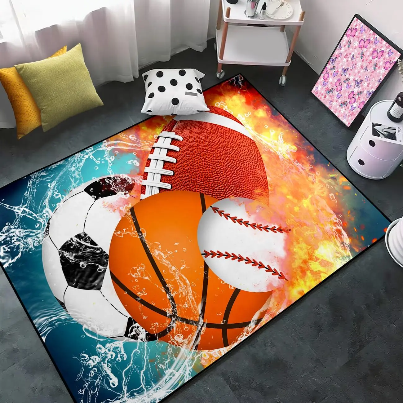 Basketball Rug for Boys Bedroom Kids Football Carpet Water Fire Sports Rugs for Boys Bedroom Baseball, Soccer Rug for Playroom