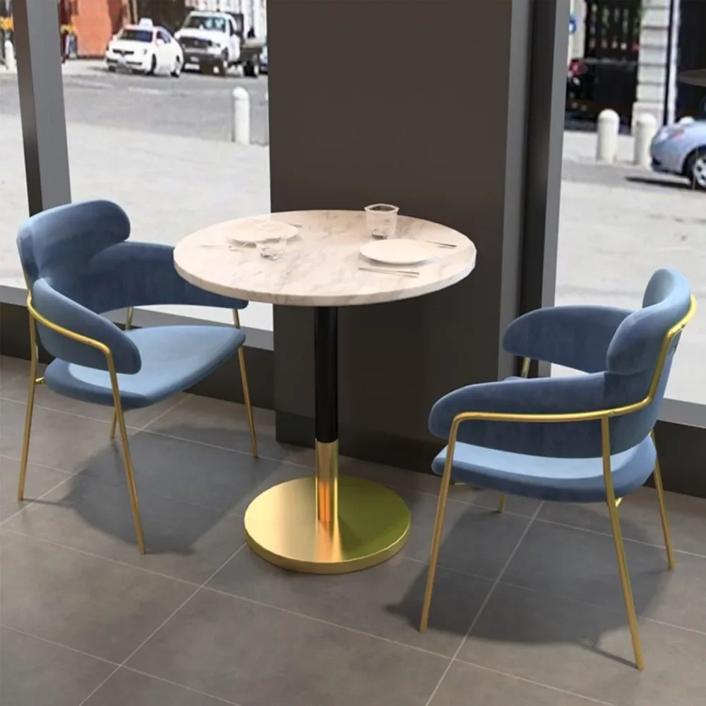 Round Medieval Modern Bar Table or Dining Table, New White Slate Top and Brushed Metal Base