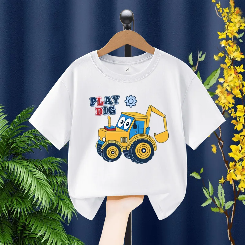 2026 New Children's T-shirt Engineering Car Personalized Printing Pure Cotton Parent Child Clothing Summer Trendy Brand