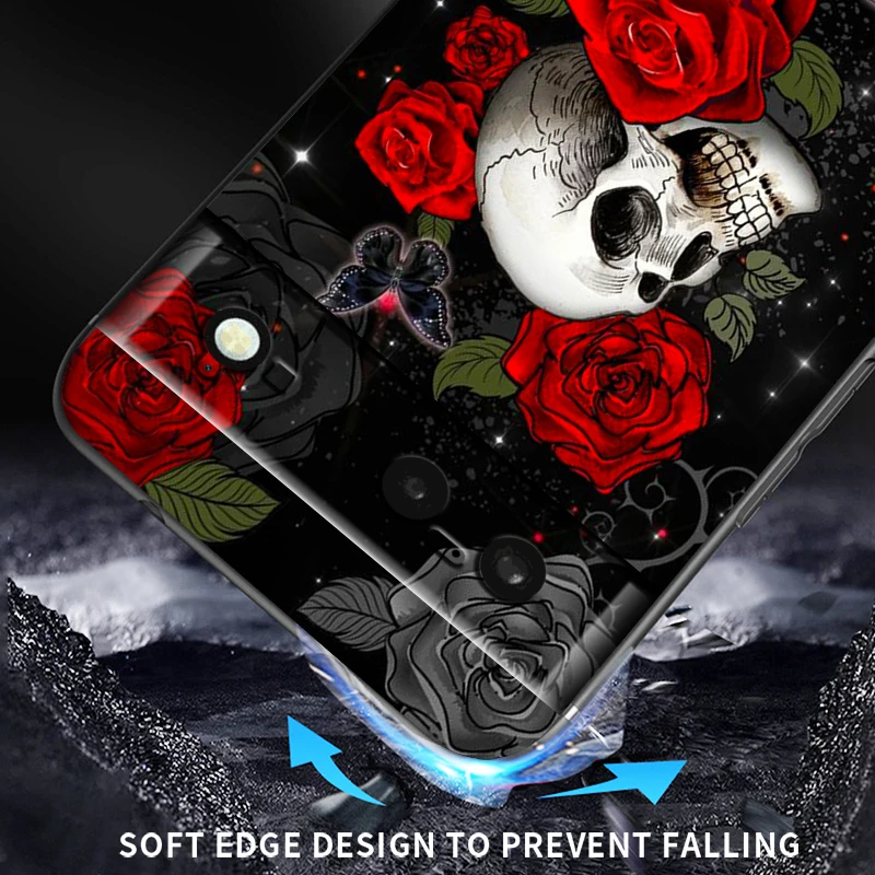 Roses Skull Art Cool For Google Pixel 8 7A 7 6A 6 5A 5 4 4A XL 5G Black Silicon Shockproof Shell Cover Phone Case