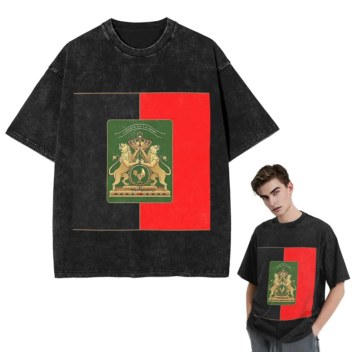 Streetwear T-Shirts Haitian Independence Flag Washed T Shirt Short Sleeve Hip Hop T-Shirt Tops Tees for Men Women