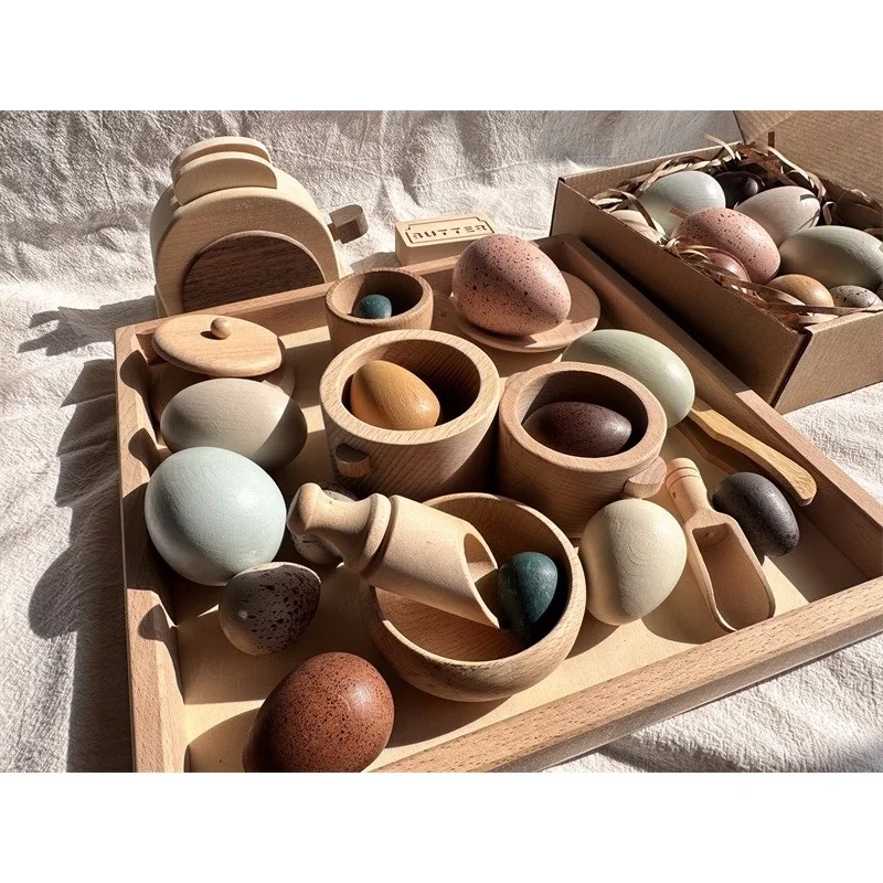 Kids Montessori Wood Toys Wooden Eggs Unpaint Sensory Kitchen Bowl Teapot Cups Toaster Baguette Early Learning Gift