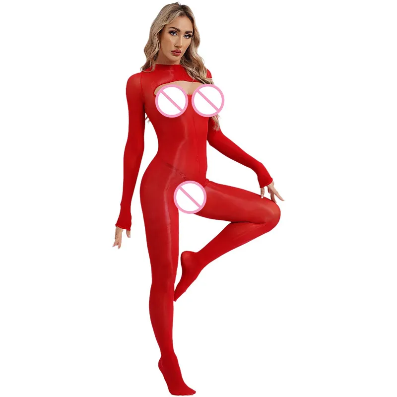 

Sexy Women Stretchy See-Through Bodystockings Long Sleeve Open Breast Open Butt Bodysuit for Fun Tempting Nightwear Catsuit