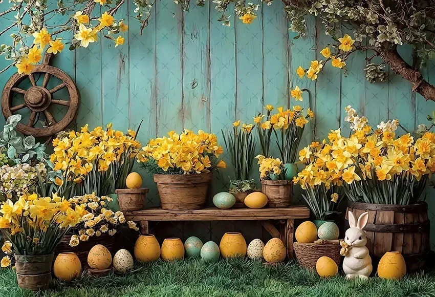 Mehofond Photography Background Spring Easter Yellow Flowers Bunny Eggs Kids Birthday Party Portrait Decor Backdrop Photo Studio