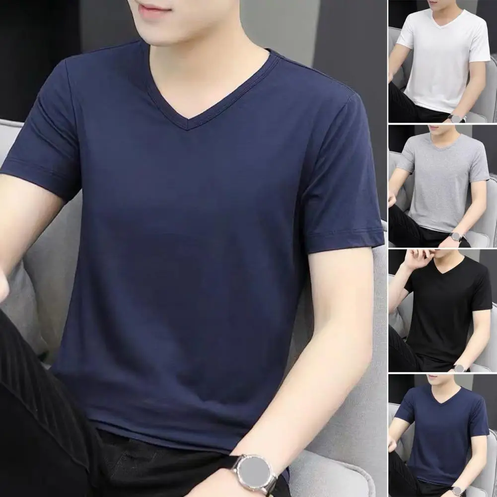 Summer Men Deep V Neck Ice Silk Solid Color T Shirt Low Cut Scoop Neck Top Tees Short Sleeve Male Cotton Slim Pullover Casual ﻿