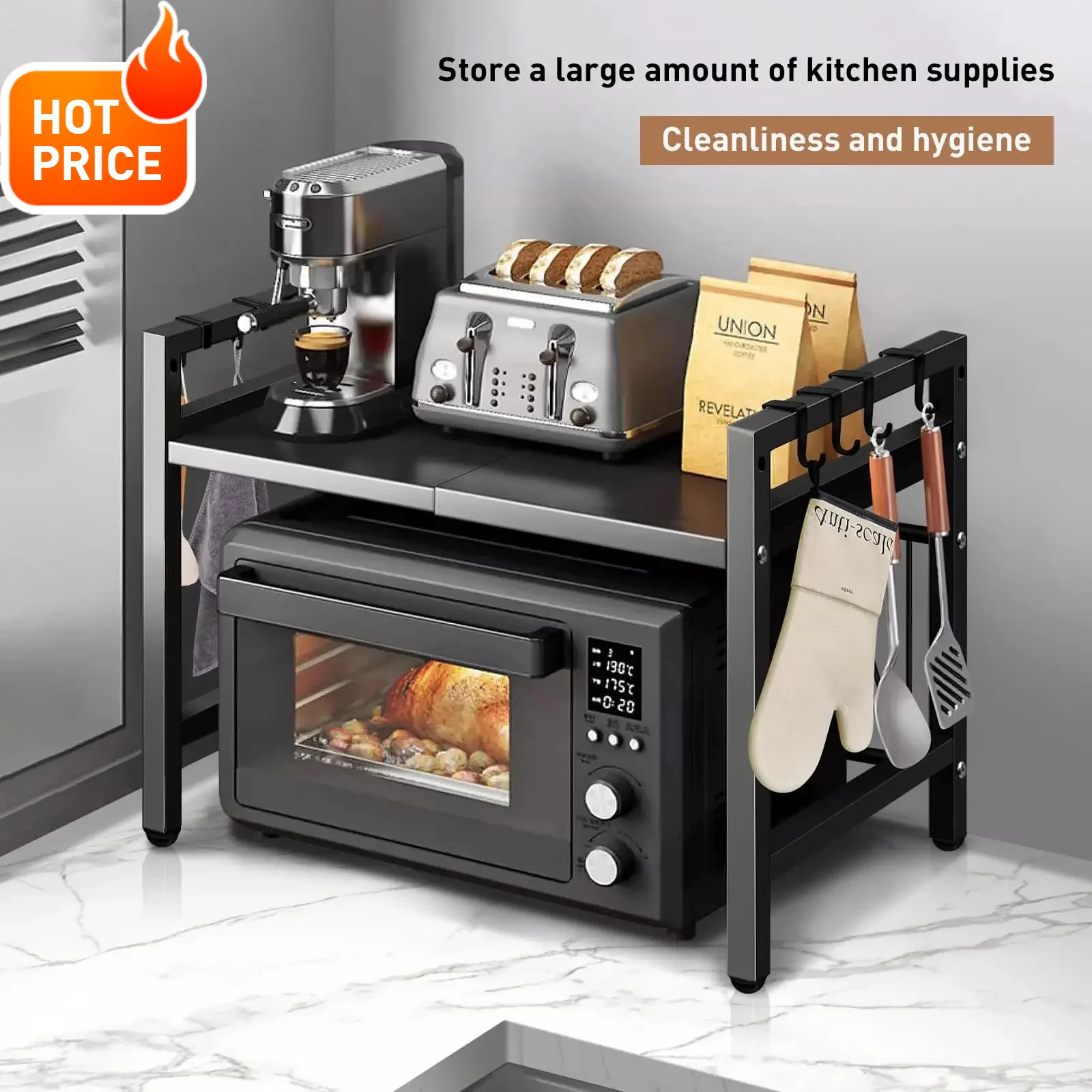 Organisateur d'étagère pour micro-ondes extensible 42-64cm, 1 pièce, organisateur de comptoir pour micro-ondes résistant à l'humidité et à la rouille, rangement de vaisselle