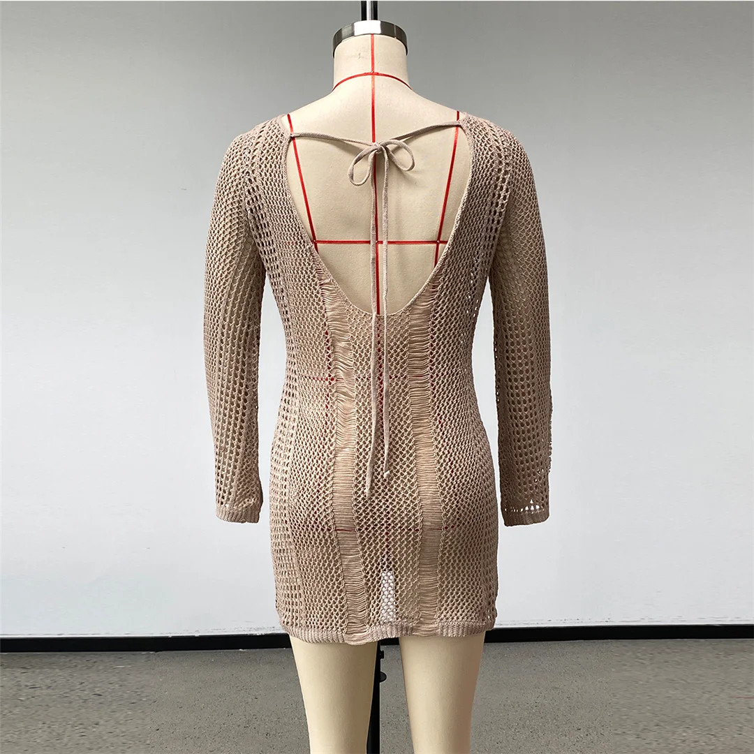 2026 Langarm-Schulterfreies Häkel-Strick-Tunika Strand-Überwurf Strandkleid Strandmode Damen V8330 – Detail 16