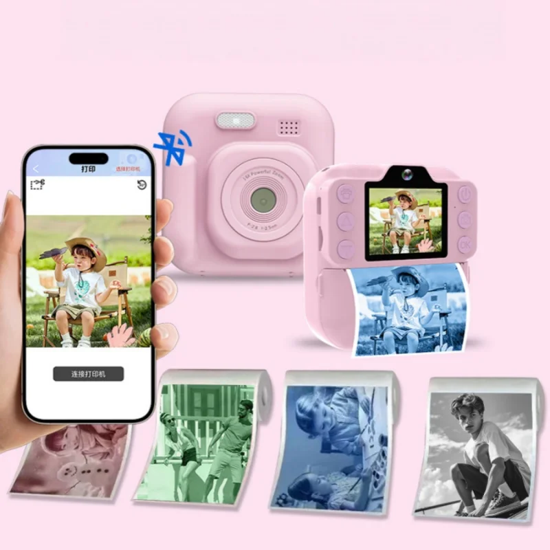 Câmera digital infantil Polaroid com impressão instantânea, mini câmera de lente dupla para meninos e meninas, impressora de fotos Bluetooth, MP3.