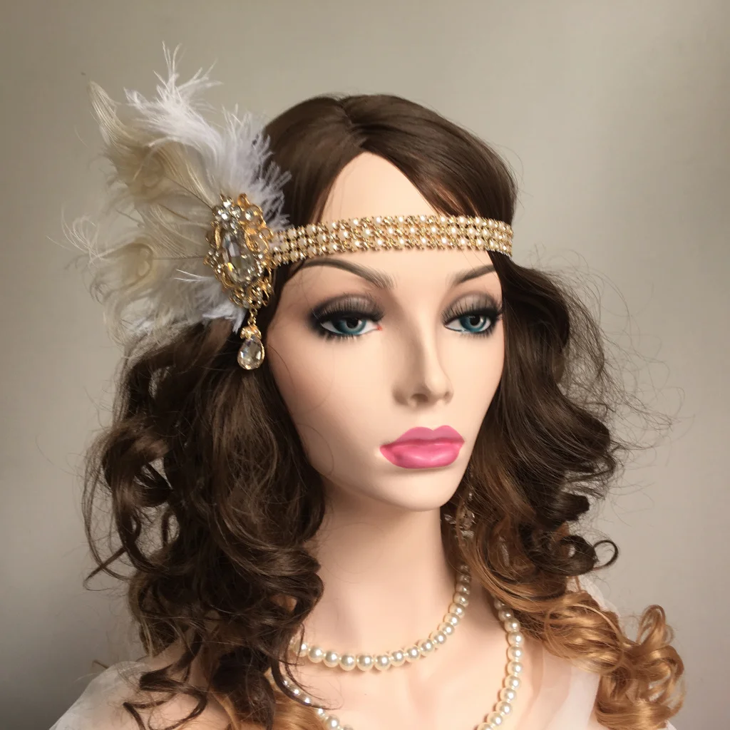 Women Vintage Feather Headband White Rhinestone Metal Chain 1920s Vintage Gatsby Party Headpiece For Party Carnival Accessories