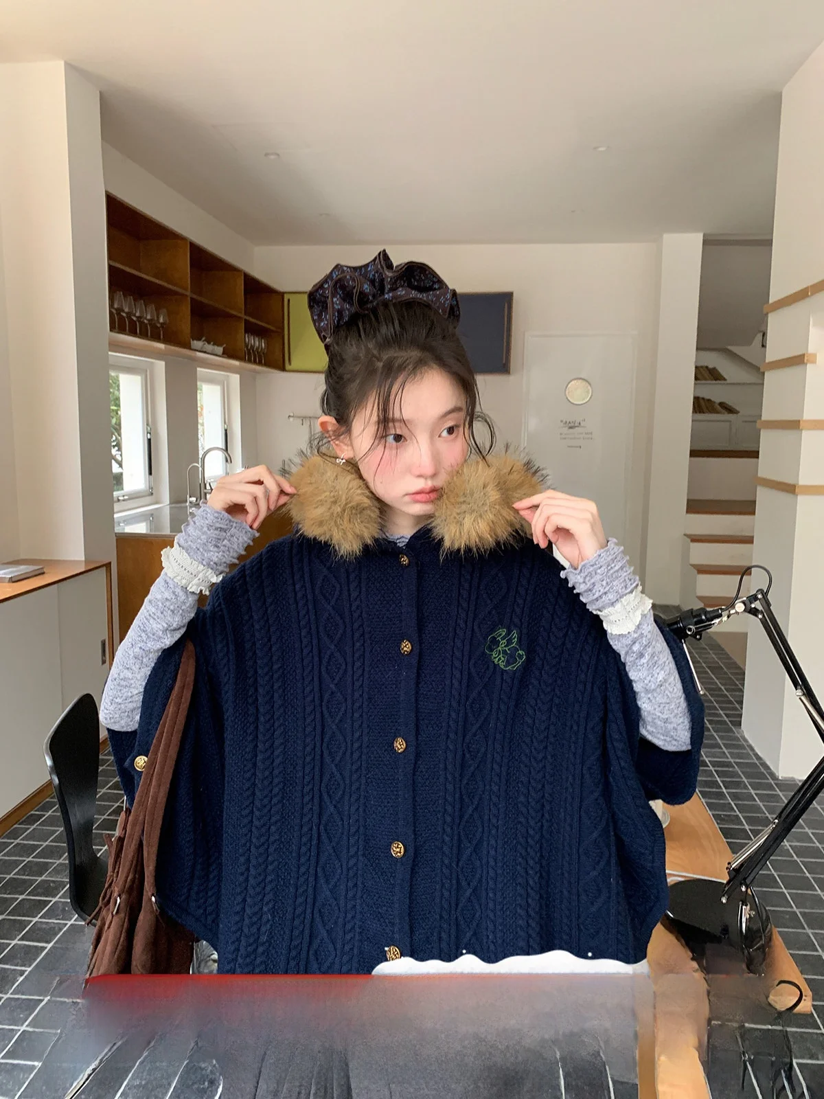 

Slimming Effect Woolen Collar Knitted Coat Casual Sle Polyester Fiber Long Sve aped Body Winter Outerwear