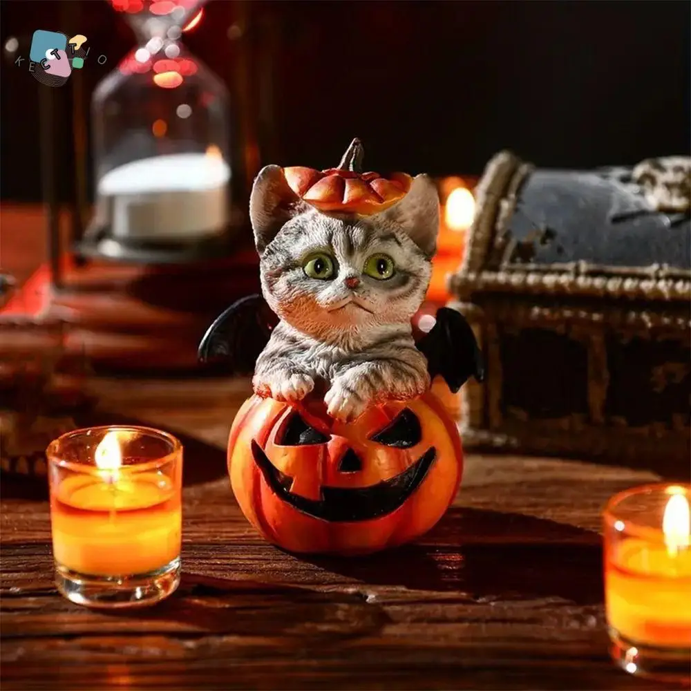

Cute Halloween Cat Pumpkin Statue Resin Crafts Decorative Pumpkin Ornament Simulation Handmade Cat Desk Figurine Home Decor