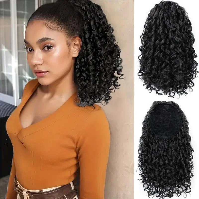 

Synthetic Kinky Curly Drawstring Ponytail Black Loose Curly Ponytail Hairpiece for Women Short Fluffy Curly Horse Tail Extension